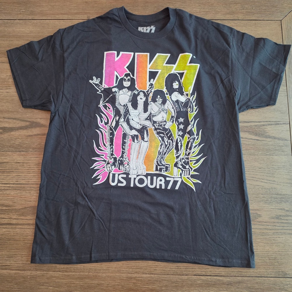 KISS US Tour 77 Graphic T-Shirt Mens XL Black Neon Rock Band Tee Licensed NWOT